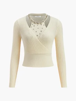 COMMENSE 2 in 1 Beaded Cinched Waist Sweater* Knitwear|Tops