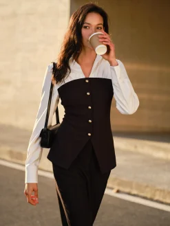 COMMENSE 2 in 1 Button Slit Slim Polo Shirt* Blouses & Shirts|Tops