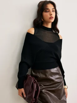 COMMENSE 2 in 1 Cold-Shoulder Knit Top* Sweater Tops|Sweaters & Cardigans