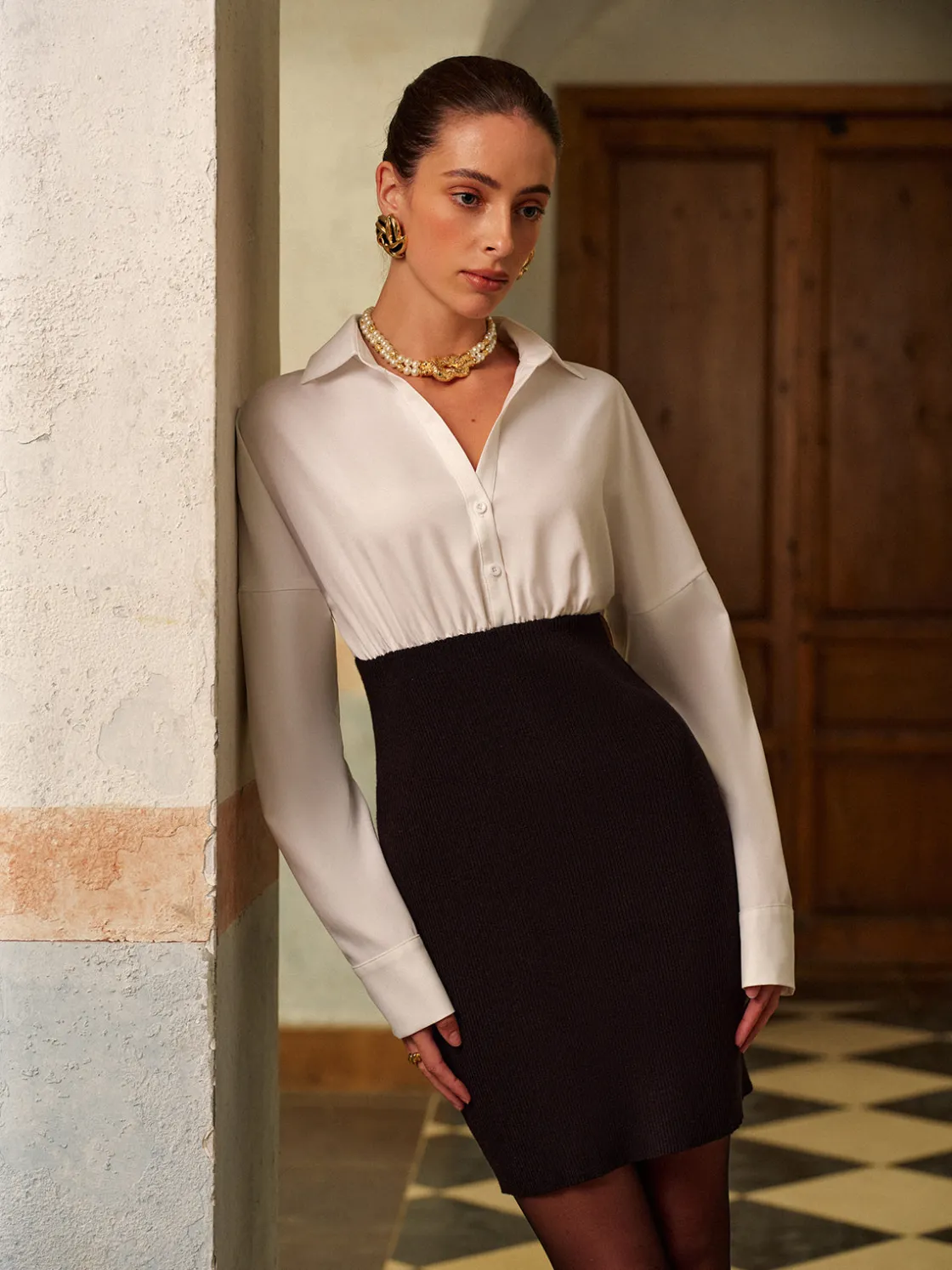 COMMENSE 2 in 1 Color Block Polo Dress* Knitwear|Dresses