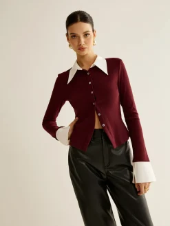 COMMENSE 2 in 1 Contrast Binding Button Shirt* Blouses & Shirts|Tops