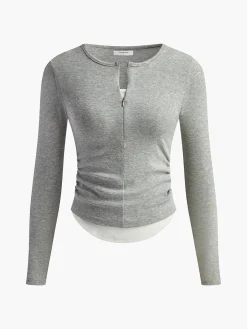 COMMENSE 2 in 1 Cotton Pleated Zipper Top* T-shirts|Tops