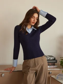 COMMENSE 2 in 1 Slim Polo Sweater* Sweater Tops|Sweaters & Cardigans