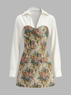 COMMENSE 2 in 1 Tweed Floral Zipper Polo Dress* Dresses