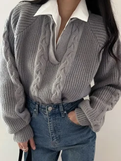 COMMENSE 2 in 1 Twist Polo Sweater* Sweater Tops|Sweaters & Cardigans