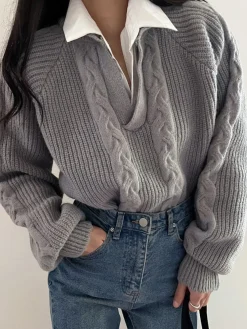 COMMENSE 2 in 1 Twist Polo Sweater* Sweater Tops|Sweaters & Cardigans