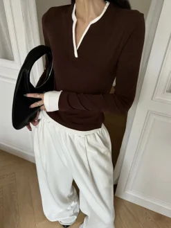 COMMENSE 2 in 1  V-Neck Contrast Trim Jersey Top* T-shirts|Tops