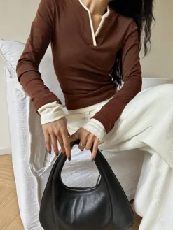 COMMENSE 2 in 1  V-Neck Contrast Trim Jersey Top* T-shirts|Tops