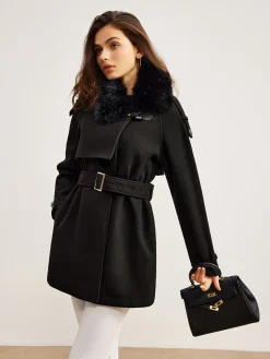 COMMENSE Adjustable Fur-Collar Belted Trench Coat* Outerwear|Coats