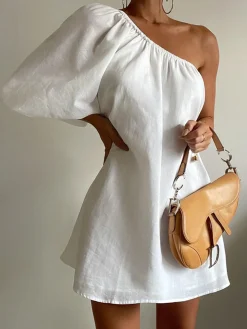 COMMENSE Aegean Cotton Linen One Sleeve Short Dress* White Dresses|Casual Dresses