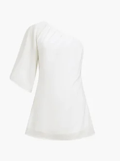 COMMENSE Aegean Cotton Linen One Sleeve Short Dress* White Dresses|Casual Dresses