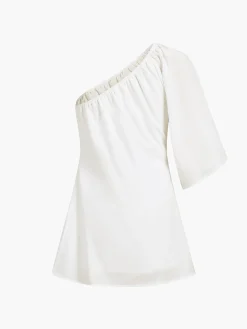 COMMENSE Aegean Cotton Linen One Sleeve Short Dress* White Dresses|Casual Dresses