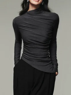 COMMENSE Asymmetric Collar Draped Long Sleeve Shirt* T-shirts|Tops