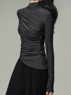 COMMENSE Asymmetric Collar Draped Long Sleeve Shirt* T-shirts|Tops