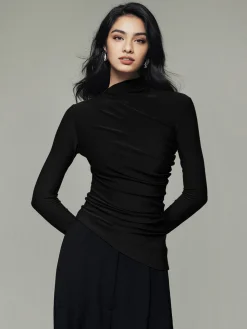 COMMENSE Asymmetric Collar Draped Long Sleeve Shirt* T-shirts|Tops