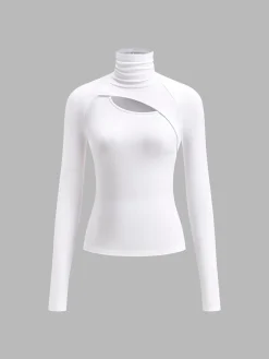 COMMENSE Asymmetric Cut Out Turtleneck Long Sleeve Slinky Top* T-shirts|Tops