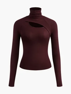COMMENSE Asymmetric Cut Out Turtleneck Long Sleeve Slinky Top* T-shirts|Tops