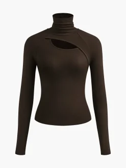 COMMENSE Asymmetric Cut Out Turtleneck Long Sleeve Slinky Top* T-shirts|Tops