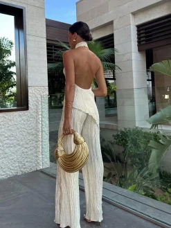COMMENSE Asymmetric Halter Crop Top With Wide Leg Pants Set* Pants Sets|Wide Leg