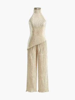 COMMENSE Asymmetric Halter Crop Top With Wide Leg Pants Set* Pants Sets|Wide Leg