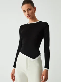 COMMENSE Asymmetric Hem Contrast Trim Long Sleeve Shirt* Sweater Tops|T-shirts