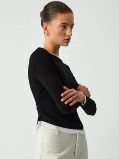 COMMENSE Asymmetric Hem Contrast Trim Long Sleeve Shirt* Sweater Tops|T-shirts