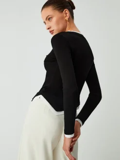 COMMENSE Asymmetric Hem Contrast Trim Long Sleeve Shirt* Sweater Tops|T-shirts