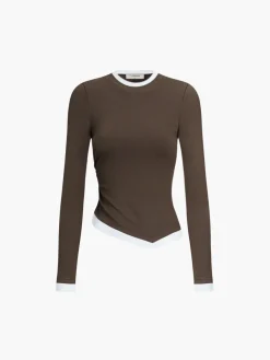 COMMENSE Asymmetric Hem Contrast Trim Long Sleeve Shirt* Sweater Tops|T-shirts
