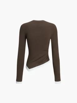 COMMENSE Asymmetric Hem Contrast Trim Long Sleeve Shirt* Sweater Tops|T-shirts