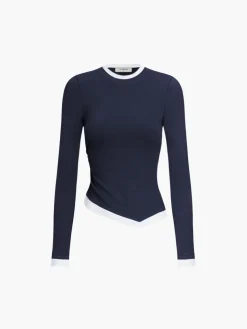 COMMENSE Asymmetric Hem Contrast Trim Long Sleeve Shirt* Sweater Tops|T-shirts