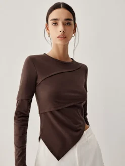 COMMENSE Asymmetric Hem Piping Long Sleeve Top* T-shirts|Tops