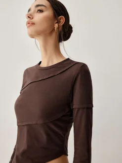 COMMENSE Asymmetric Hem Piping Long Sleeve Top* T-shirts|Tops