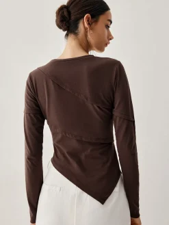 COMMENSE Asymmetric Hem Piping Long Sleeve Top* T-shirts|Tops