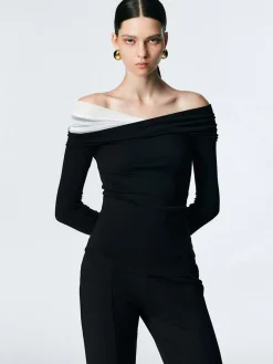 COMMENSE Asymmetric Off Shoulder Long Sleeve Mesh Top* T-shirts|Tops