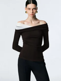 COMMENSE Asymmetric Off Shoulder Long Sleeve Mesh Top* T-shirts|Tops