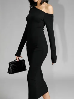 COMMENSE Asymmetric Off Shoulder Long Sleeve Midi Dress* Black Dresses|Sweater Dresses