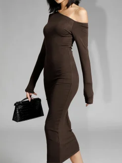 COMMENSE Asymmetric Off Shoulder Long Sleeve Midi Dress* Black Dresses|Sweater Dresses