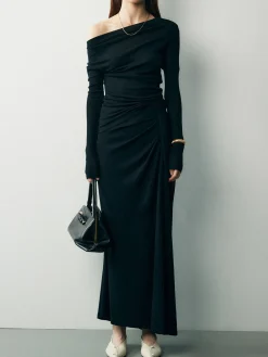 COMMENSE Asymmetric Off Shoulder Ruched Two Piece Skirt Set* Skirt Sets|Long Sleeve Sets