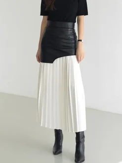 COMMENSE Asymmetric Patchwork Faux Leather Chiffon Pleated Midi Skirt* Skirts|Bottoms