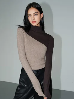 COMMENSE Asymmetric Patchwork Long Sleeve Mock Neck Knit Top* Sweater Tops|Sweaters & Cardigans
