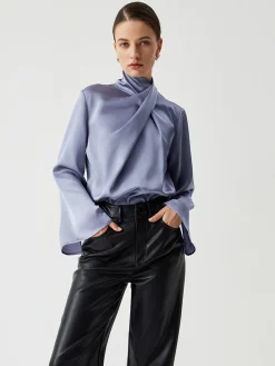 COMMENSE Asymmetric Pleated Turtleneck Satin Shirt* Blouses & Shirts|Tops