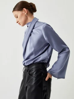 COMMENSE Asymmetric Pleated Turtleneck Satin Shirt* Blouses & Shirts|Tops