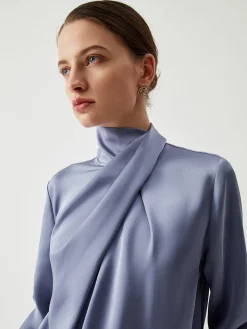 COMMENSE Asymmetric Pleated Turtleneck Satin Shirt* Blouses & Shirts|Tops