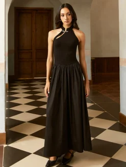 COMMENSE Asymmetric Pockets Cold Shoulder Pleated Long Dress* Black Dresses|Casual Dresses