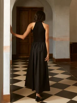 COMMENSE Asymmetric Pockets Cold Shoulder Pleated Long Dress* Black Dresses|Casual Dresses