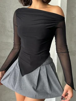 COMMENSE Asymmetric Ruched Semi-Sheer Blouse* Blouses & Shirts|Tops
