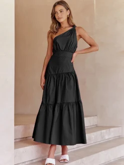 COMMENSE Asymmetric Shoulder Knotted Midi Dress* Black Dresses|Casual Dresses