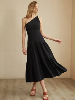 COMMENSE Asymmetric Shoulder Knotted Midi Dress* Black Dresses|Casual Dresses