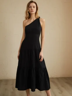 COMMENSE Asymmetric Shoulder Knotted Midi Dress* Black Dresses|Casual Dresses