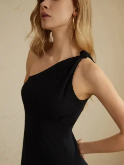 COMMENSE Asymmetric Shoulder Knotted Midi Dress* Black Dresses|Casual Dresses